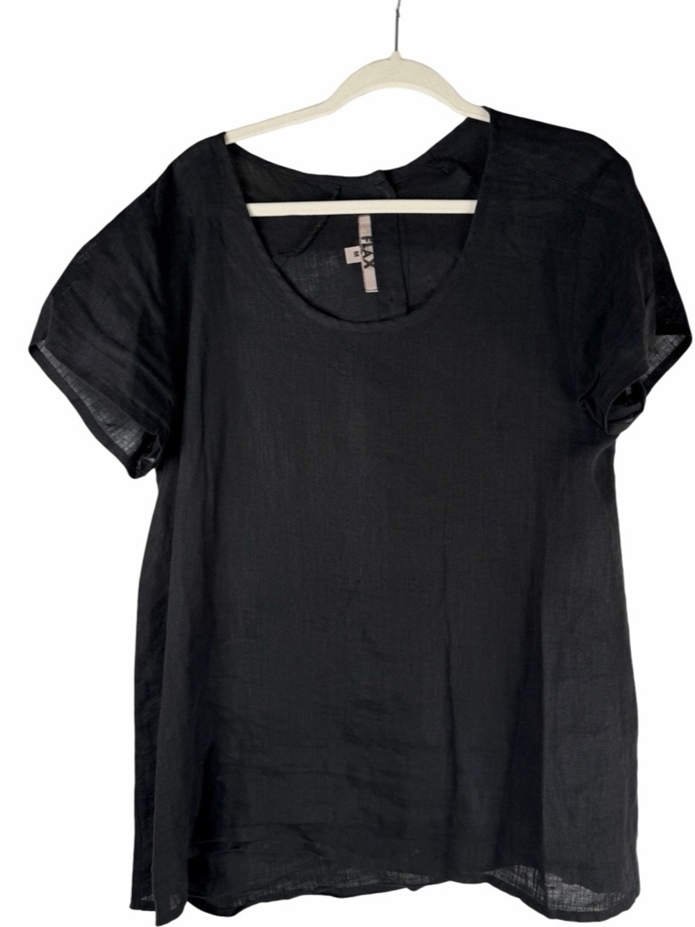 Black Black Linen Lagenlook Scoop Neck Short Sleeve Button Back Top Size Medium